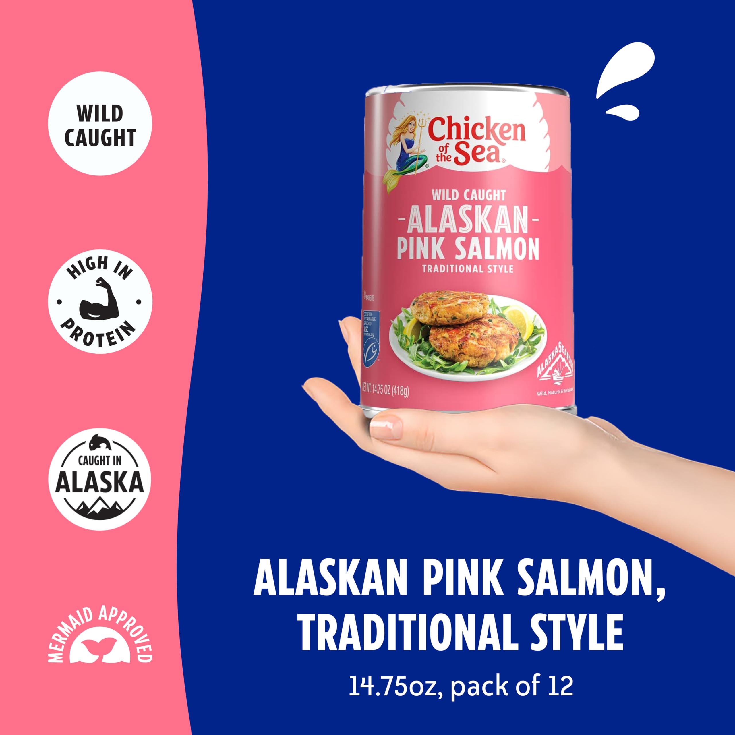 Chicken of the Sea open can with flaked salmon, ready to eat benefit