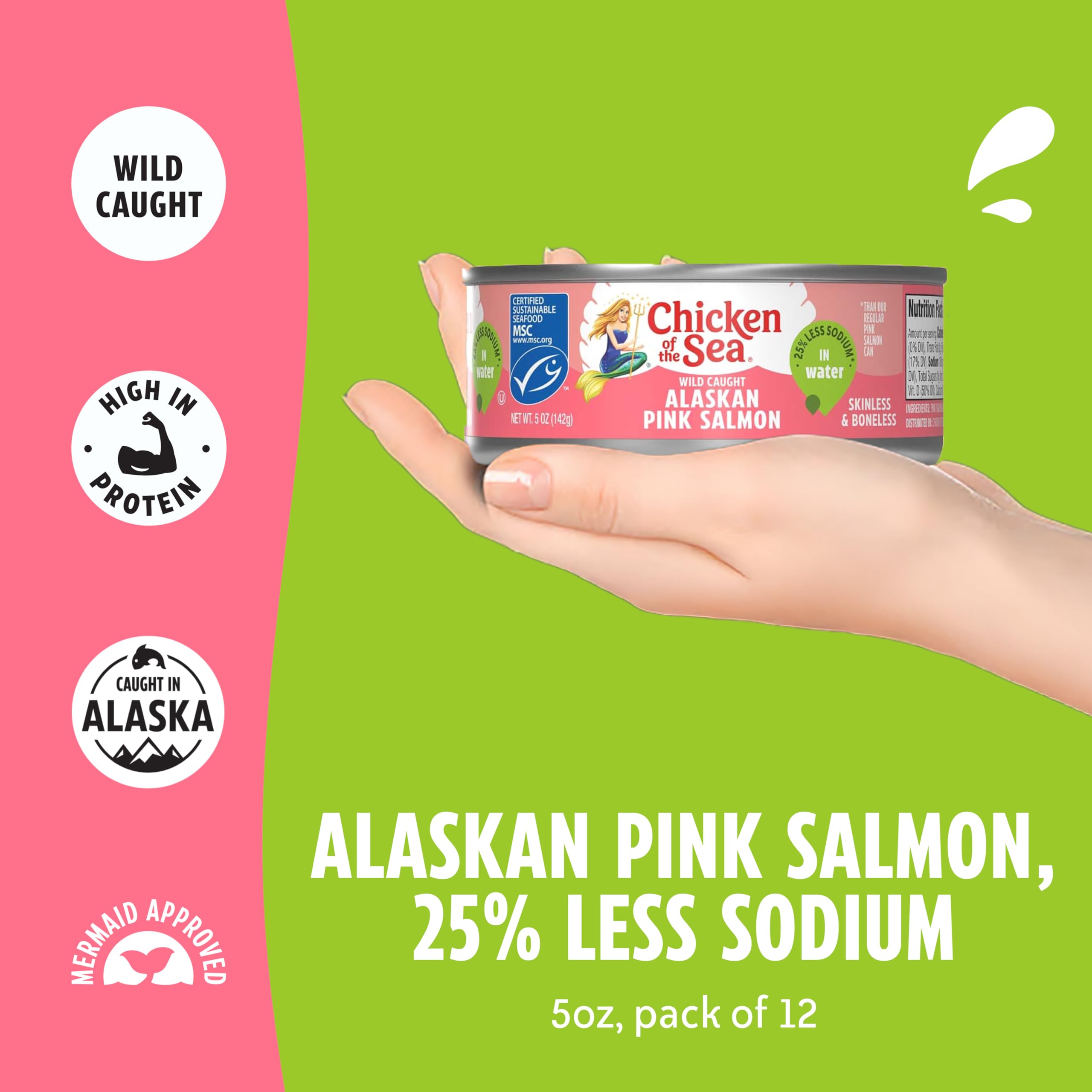 Chicken of the Sea open can with shredded salmon showing flaky texture benefit