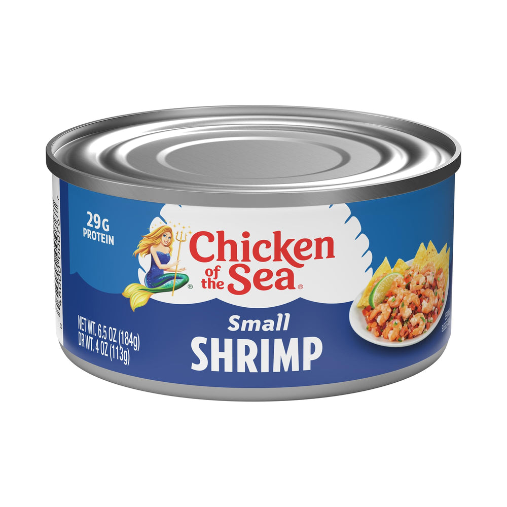 Chicken of the Sea open can revealing ready-to-eat shrimp for fast meal assembly