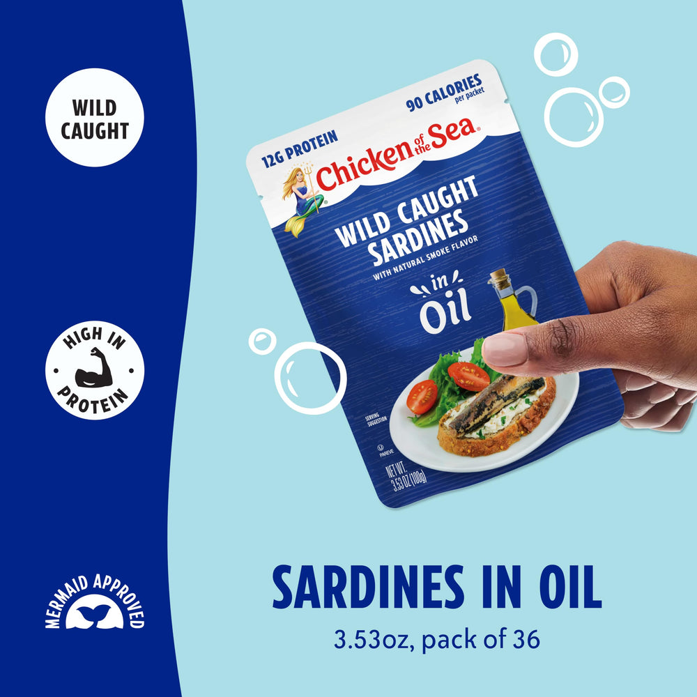 Chicken of the Sea open packet with sardines visible offering ready-to-eat convenience