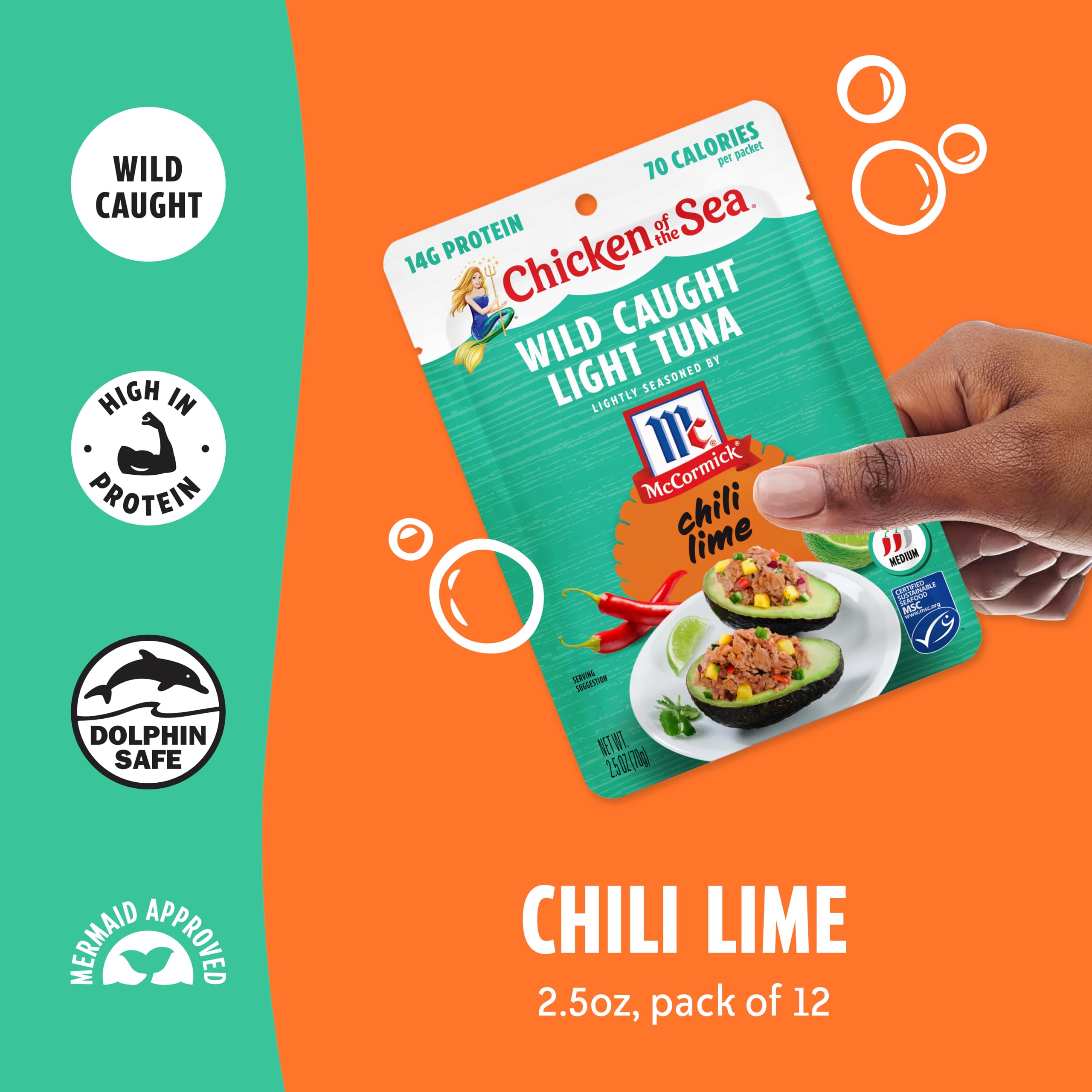 Chicken of the Sea opened pouch showing tuna flakes and benefit of high-protein, no-prep meal
