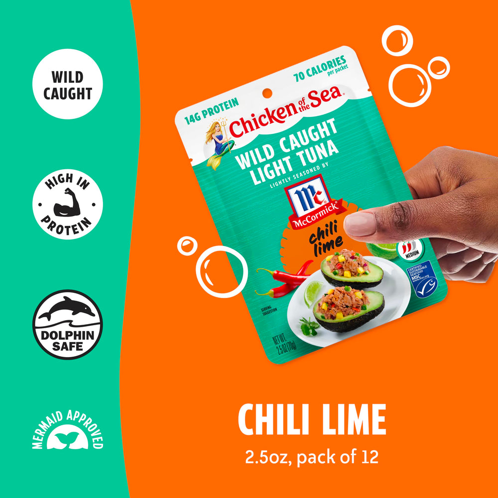 Chicken of the Sea opened pouch showing tuna flakes and benefit of high-protein, no-prep meal