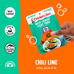 Chicken of the Sea opened pouch showing tuna flakes and benefit of high-protein, no-prep meal