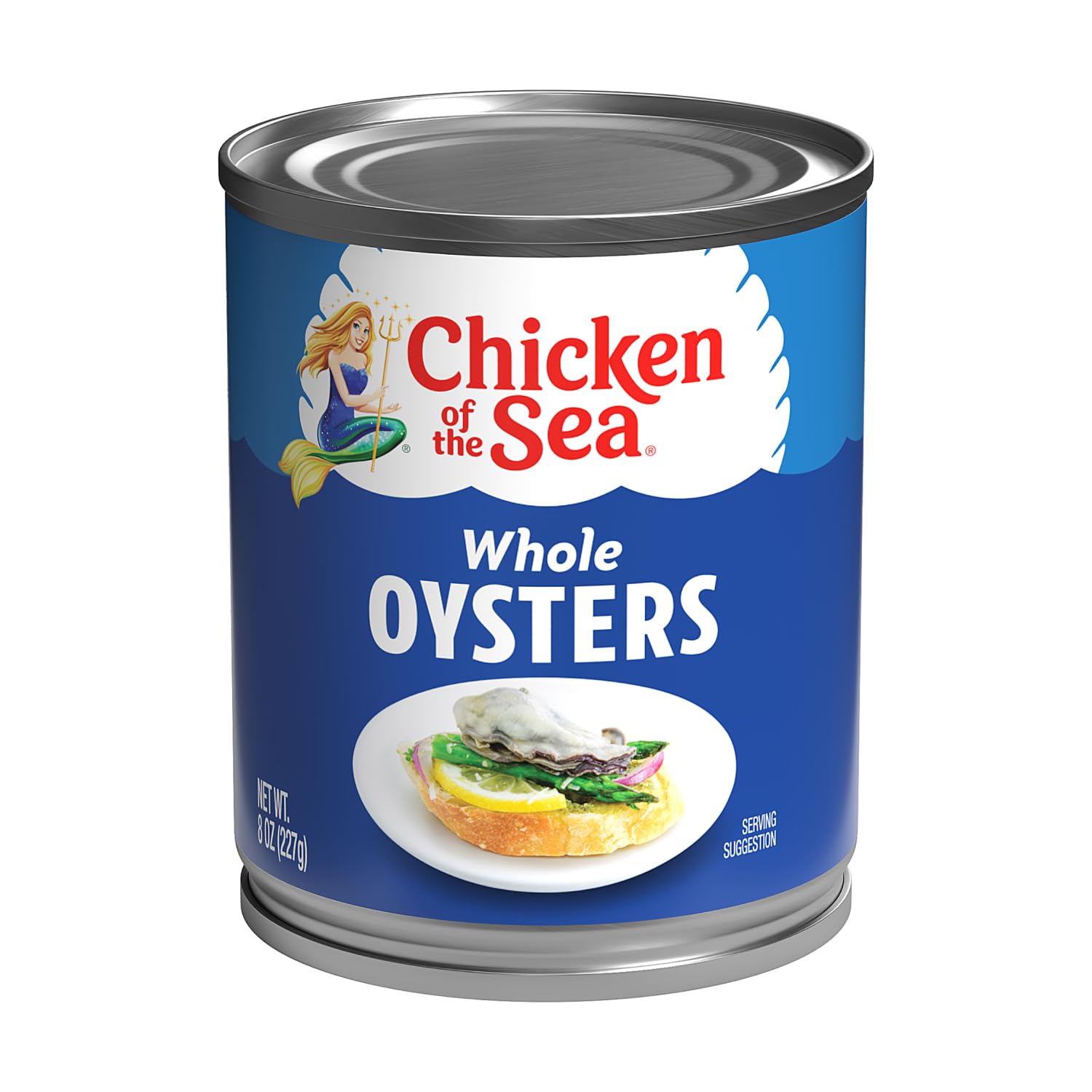 Chicken of the Sea open can displaying whole oysters and ready-to-eat convenience