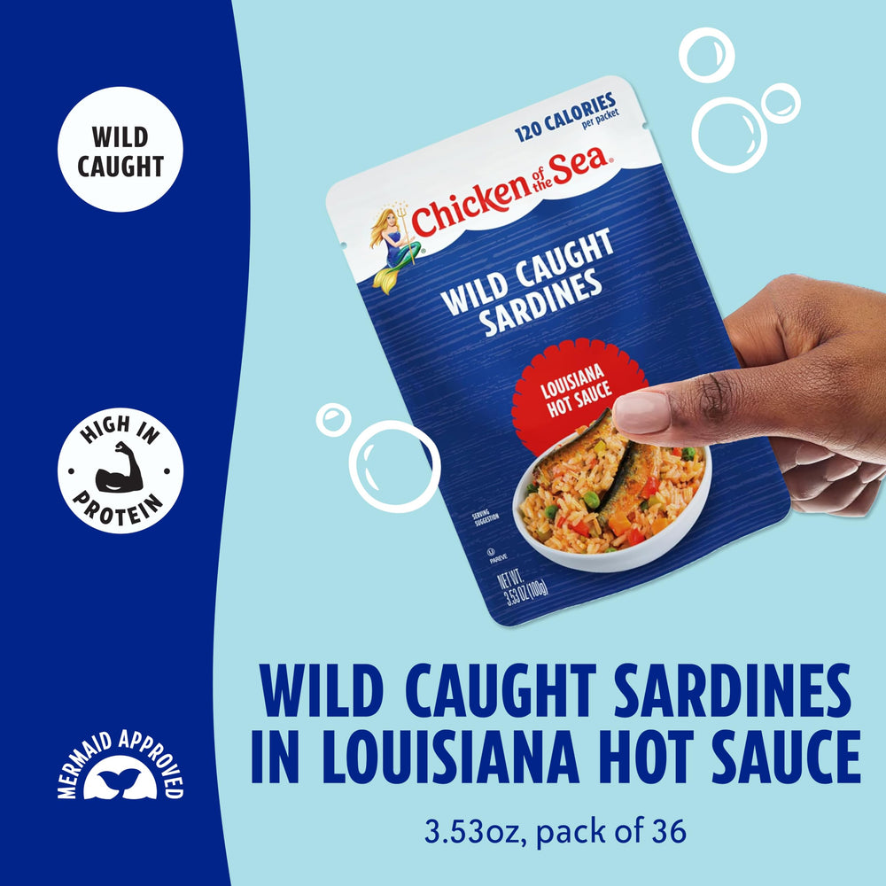 Chicken of the Sea open pouch showing sardines in sauce, ready to eat