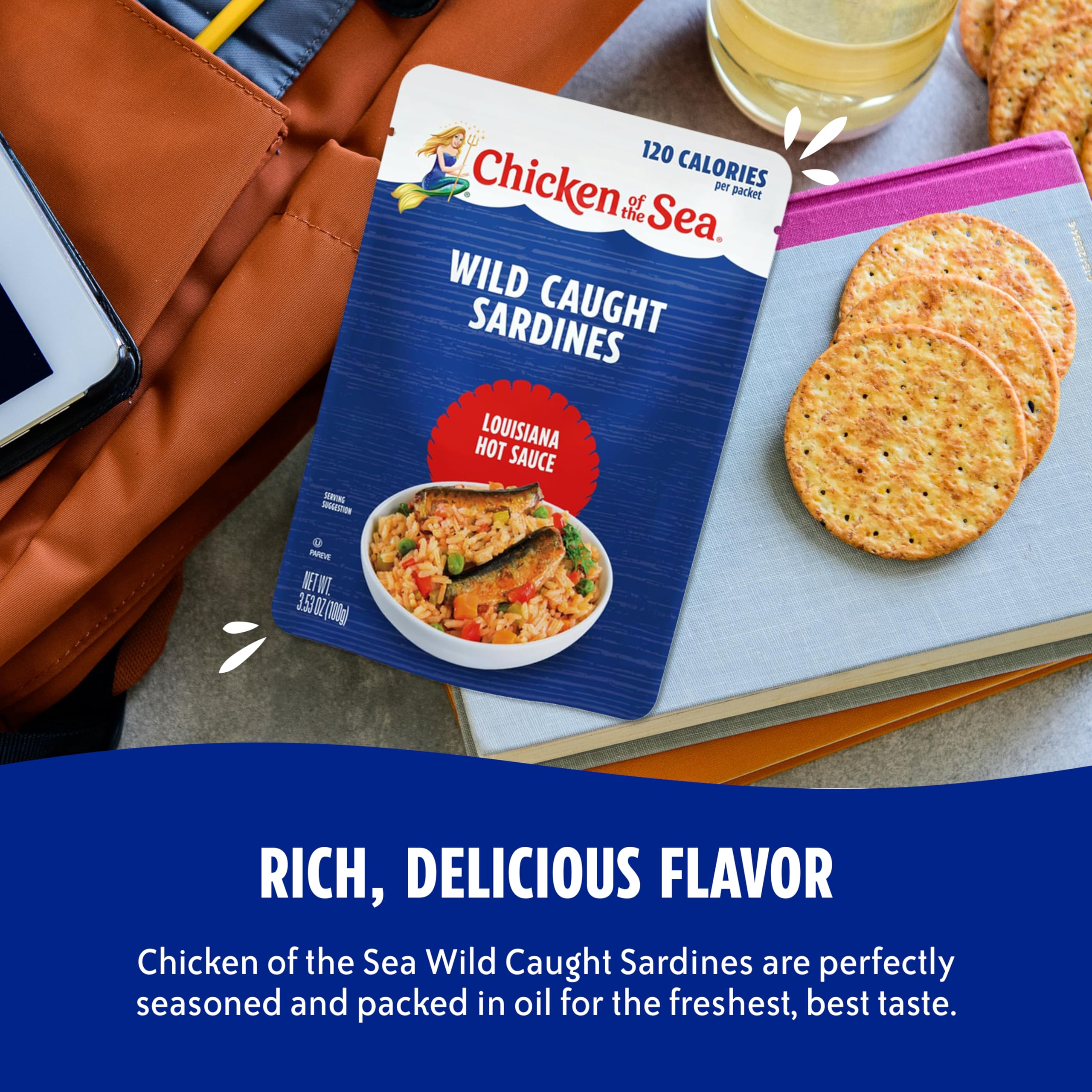 Chicken of the Sea packet beside sandwich, adds bold spicy flavor quickly