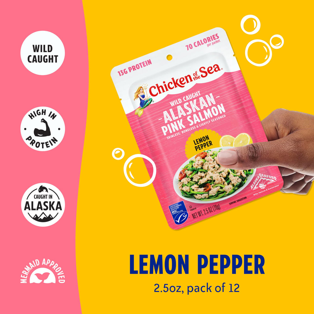 Chicken of the Sea pouch close-up label highlighting wild-caught MSC certification and flavor