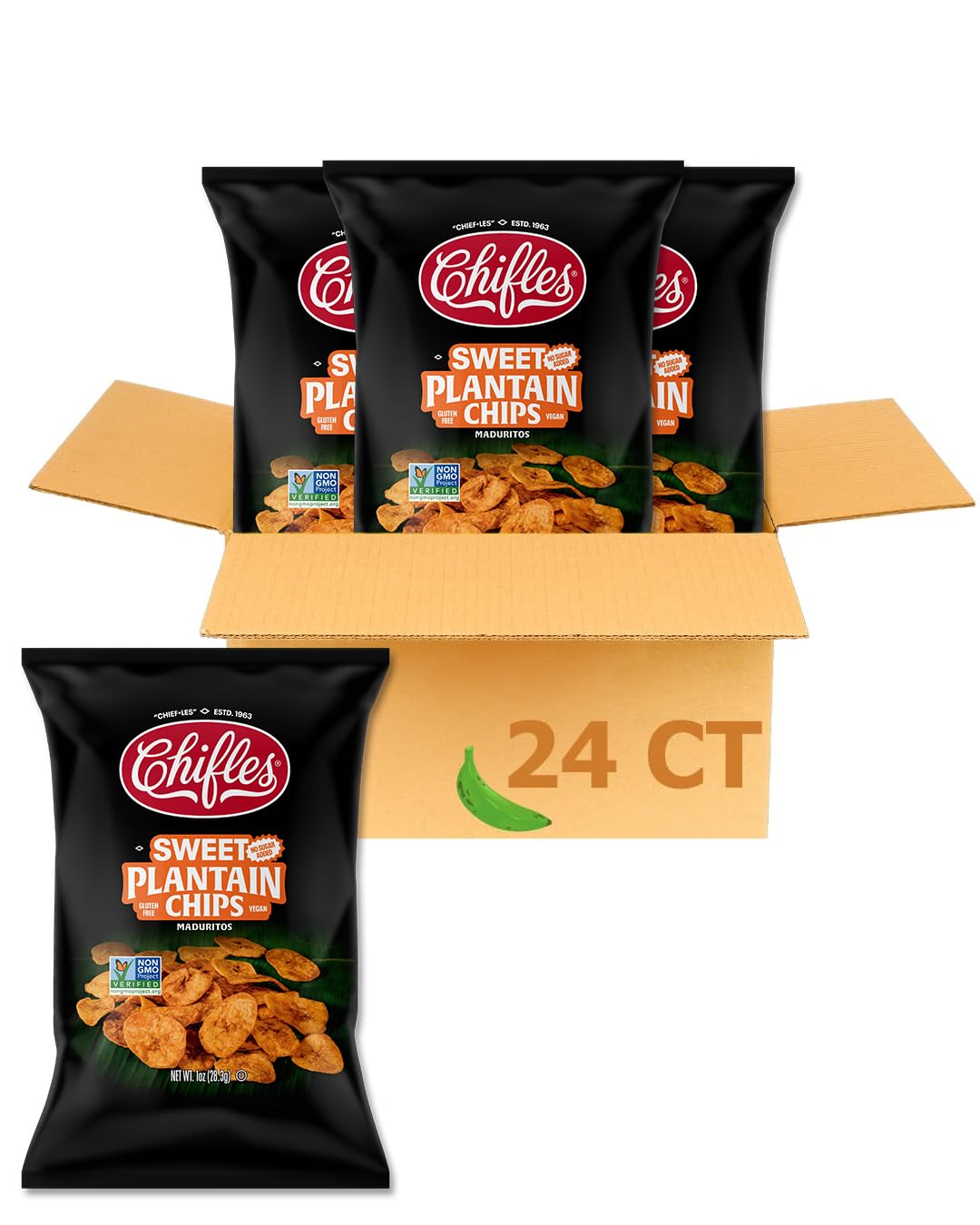 Chifles front packaging showing 24-count case and vegan label, convenient grab-and-go