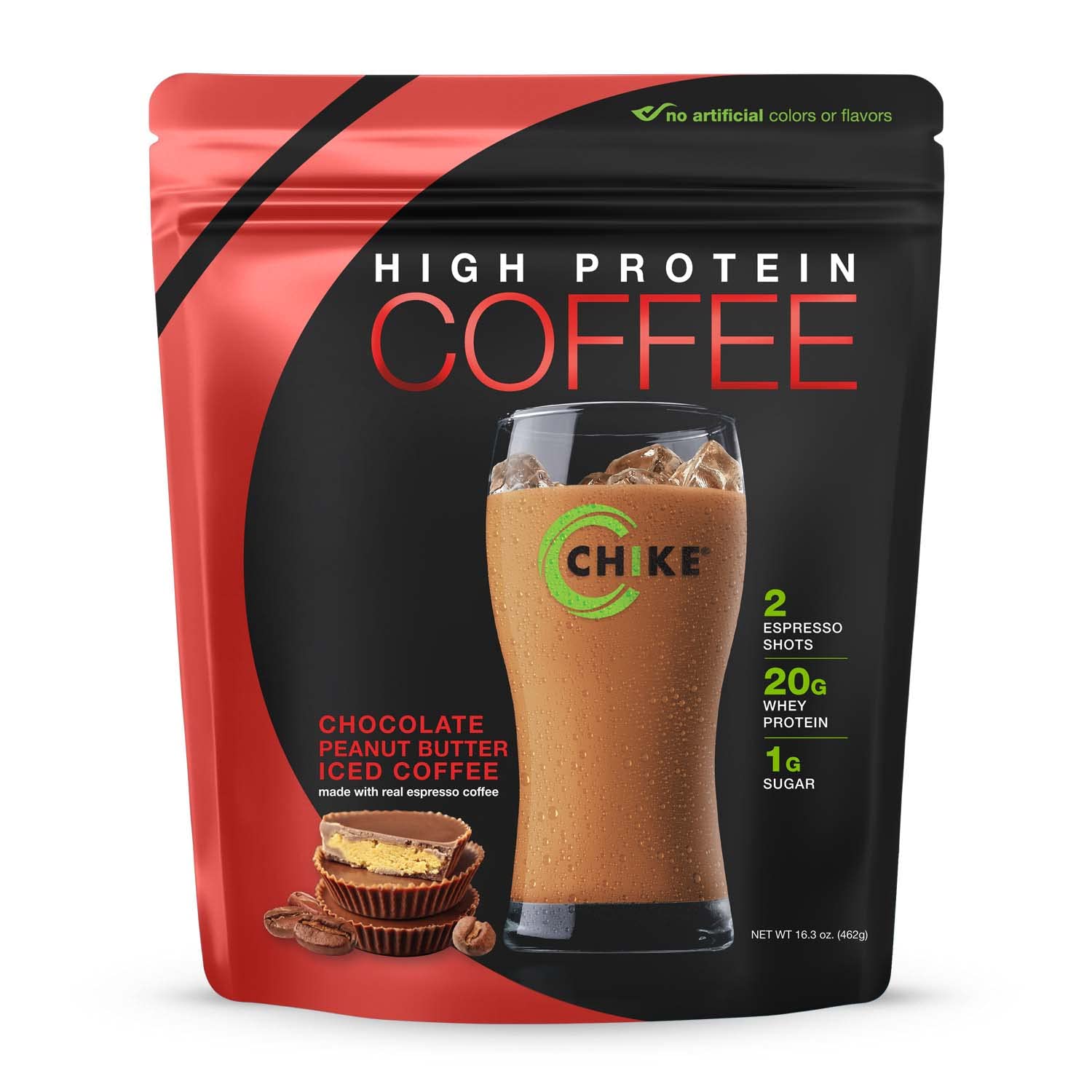 CHIKE front packaging showing chocolate peanut butter flavor and protein benefit