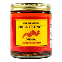 Chile Crunch front jar showing label and rustic glass jar for authentic flavor