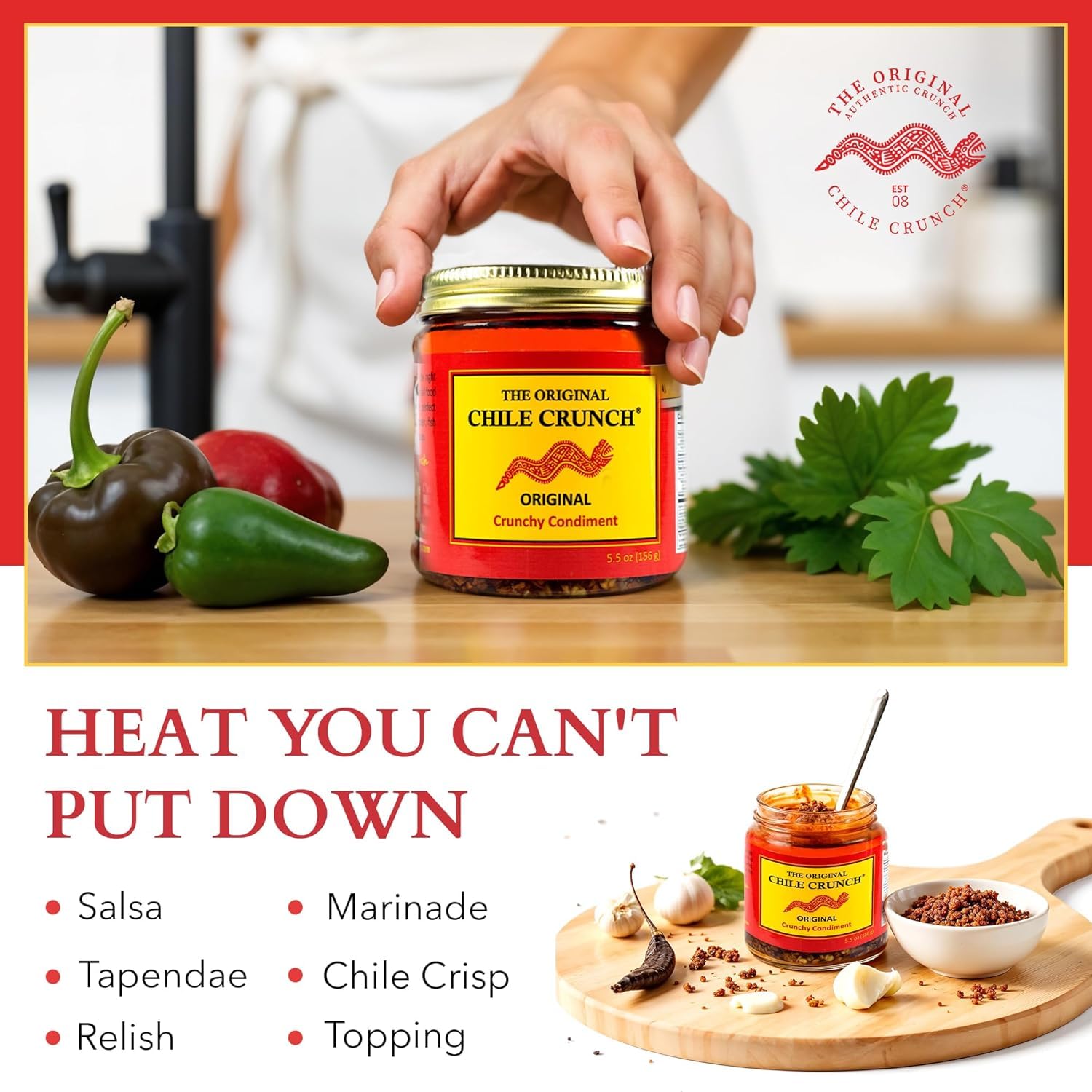 Chile Crunch spoonful over bowl demonstrating easy serving and bold taste