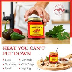 Chile Crunch spoonful over bowl demonstrating easy serving and bold taste