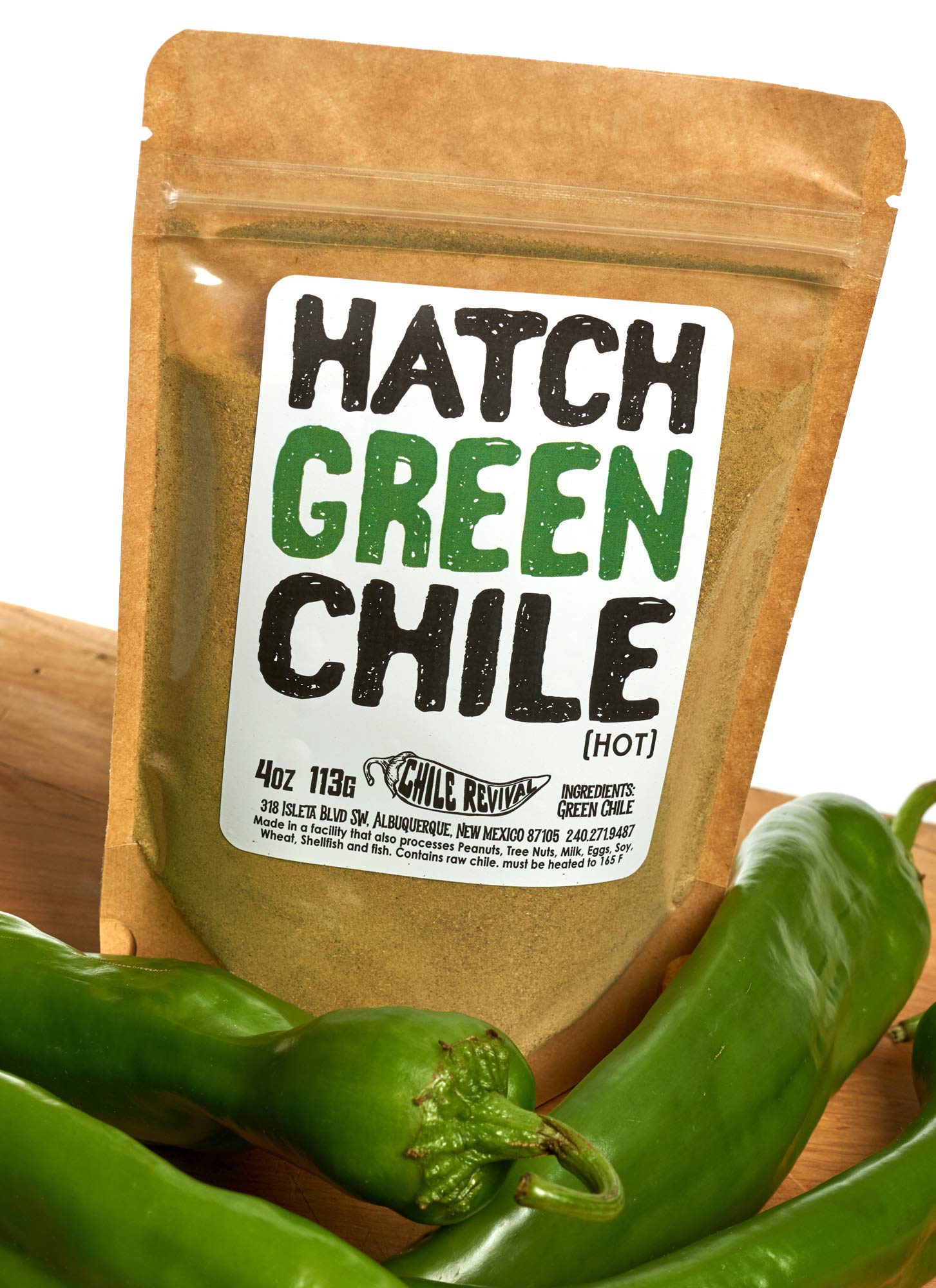 Chile Revival powder close-up on spoon revealing roasted green texture benefit