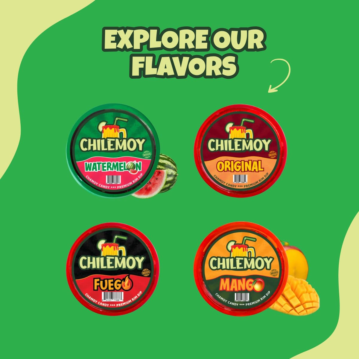 CHILEMOY 8oz jar next to a soda can showing compact size and party-ready portion