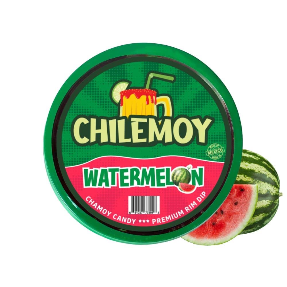 CHILEMOY front label of chamoy rim dip showing brand and watermelon flavor and clear benefit