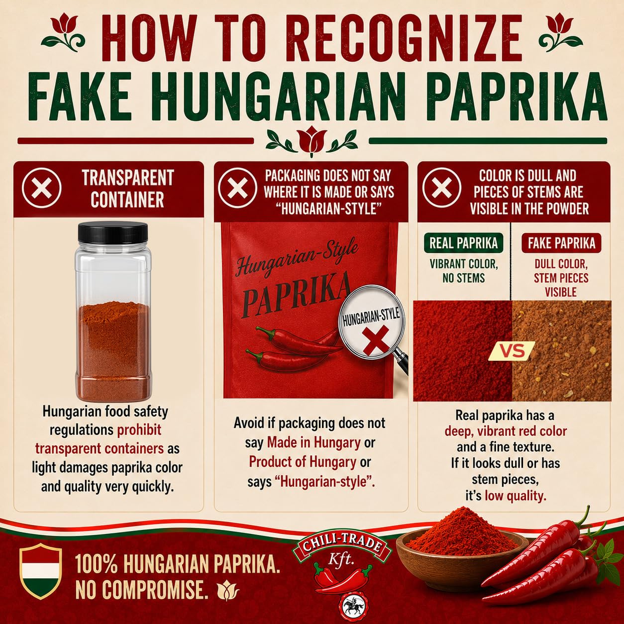 CHILI-TRADE origin map of Kalocsa, Hungary emphasizing authentic sourcing benefit