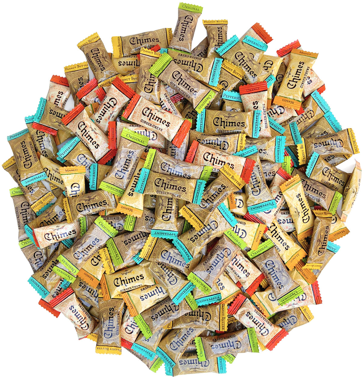 Chimes front packaging 2LB variety pack showing flavors and resealable bag benefit