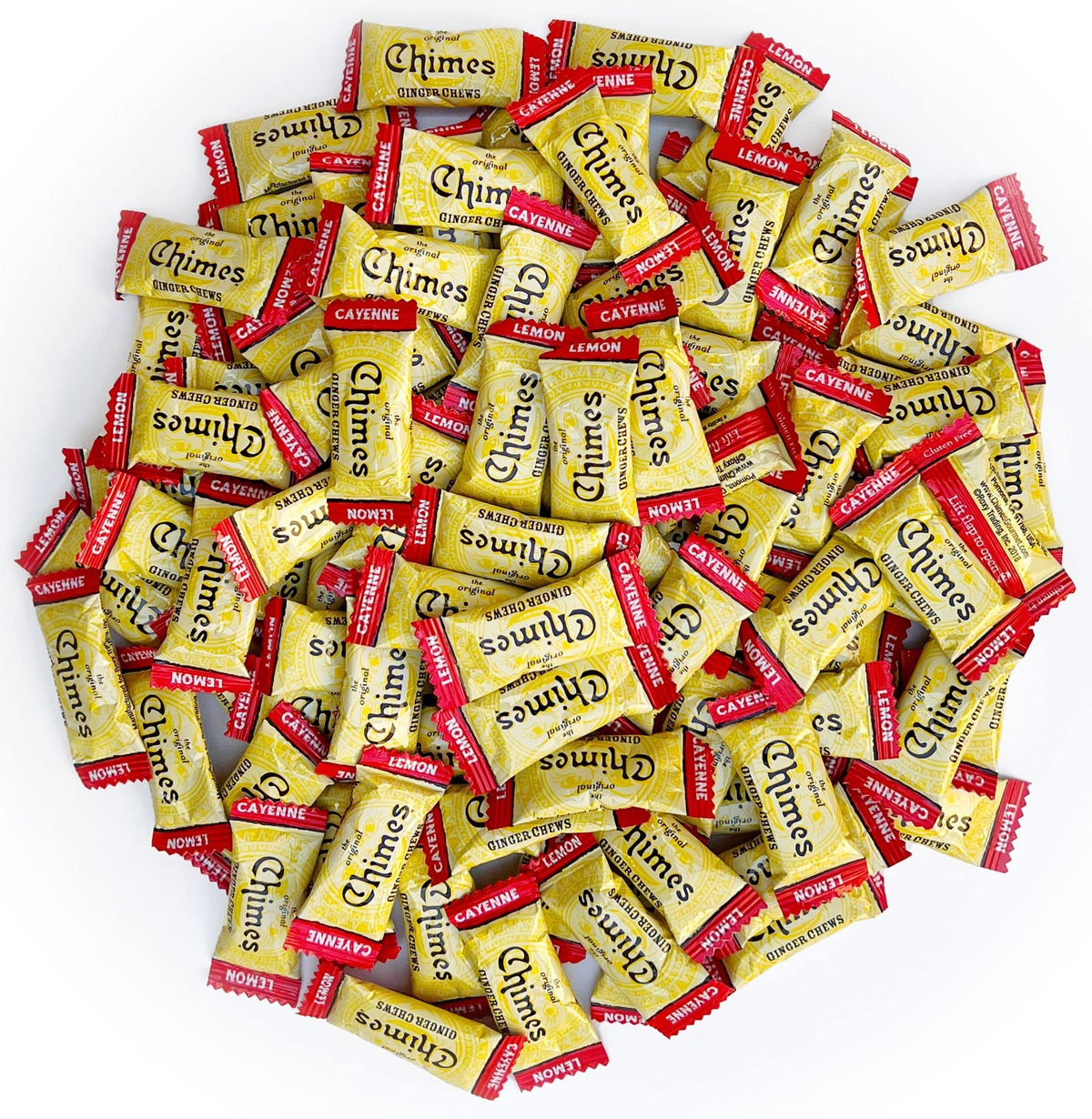 Chimes front packaging showing 1-pound bag and resealable top for freshness