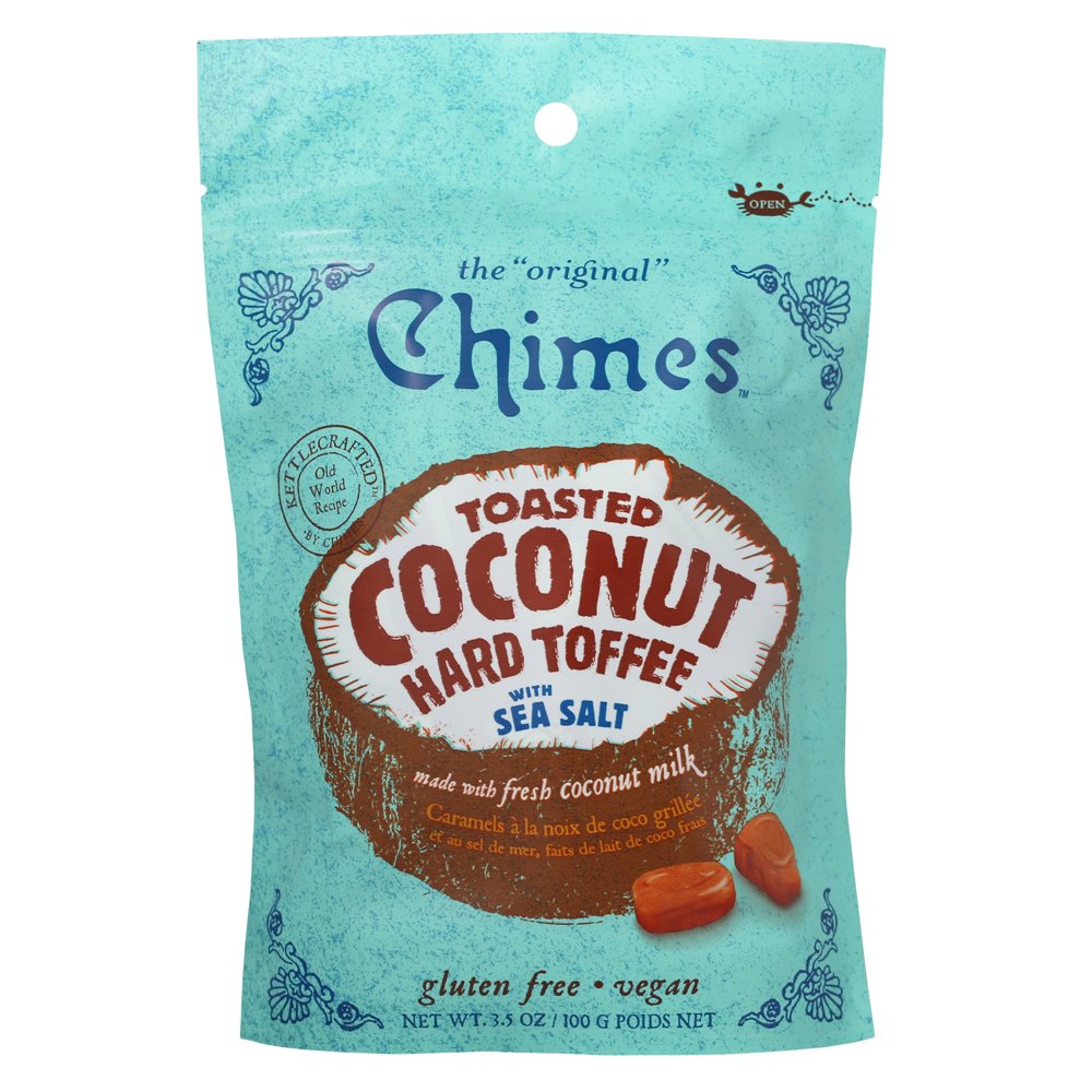 Chimes front packaging of toasted coconut toffee showing product name and vegan benefit