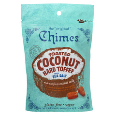 Chimes front packaging of toasted coconut toffee showing product name and vegan benefit