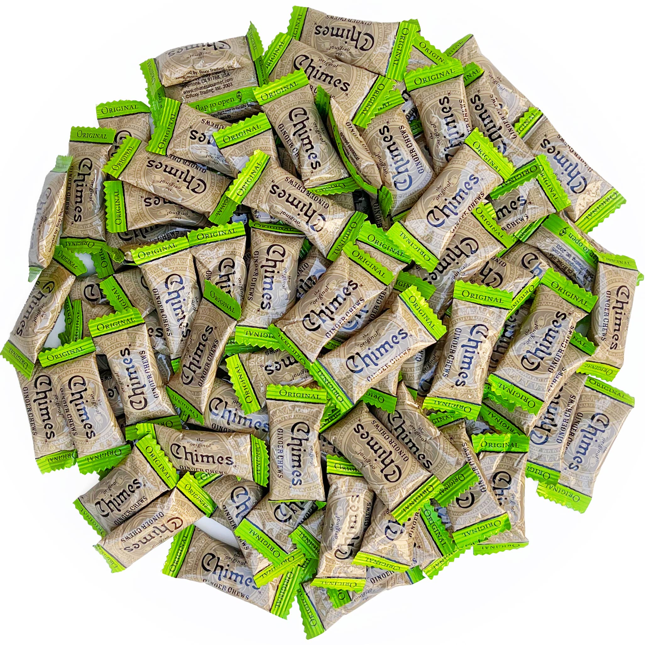 Chimes front packaging showing 1 lb bag and brand for convenient sharing