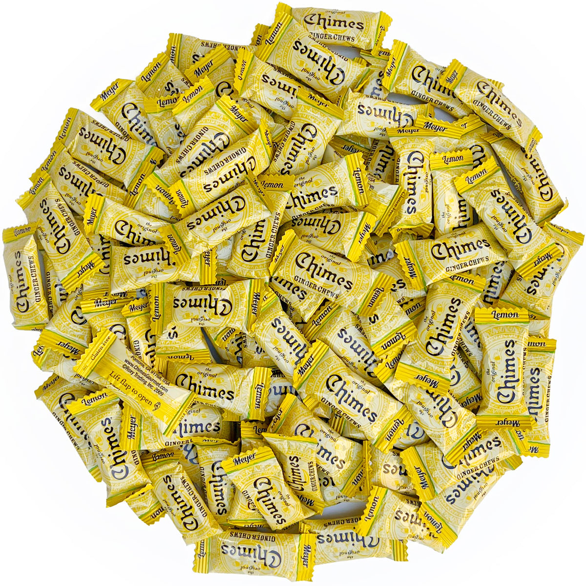 Chimes front packaging showing 1-pound bag and bright label benefits