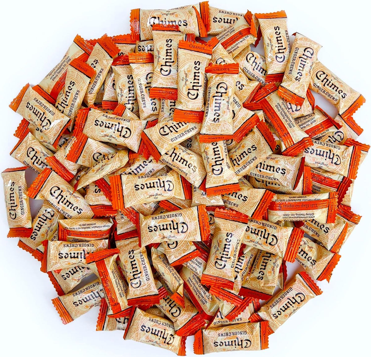 Chimes front packaging showing 16oz bag and orange ginger chews benefit convenience
