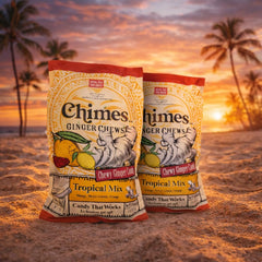 Close-up of Chimes chews highlighting chewy texture and vibrant tropical flavors