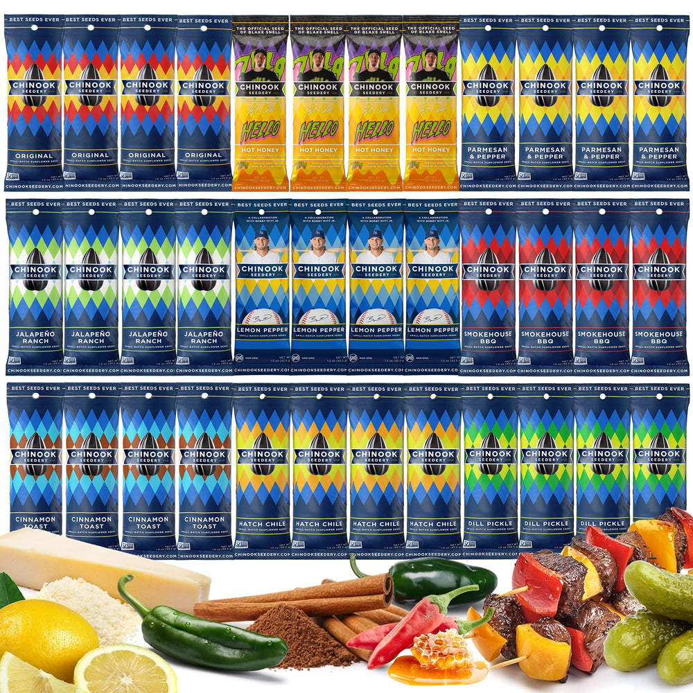 Chinook Seedery front packaging showing 36-count variety pack, convenient portability