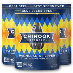 Chinook Seedery front packaging showing three 4 oz Parmesan & Pepper bags and brand
