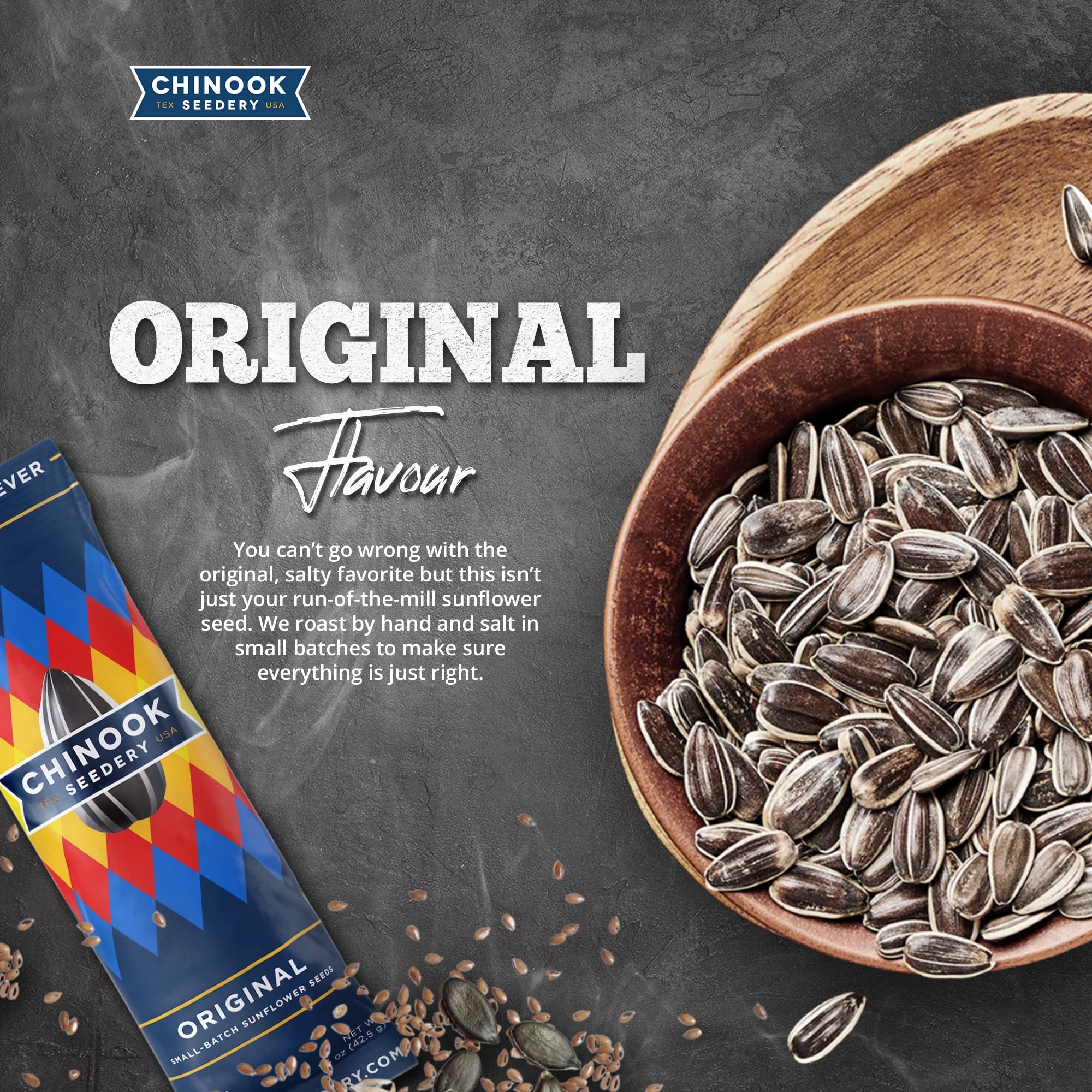 Chinook Seedery open pouch spilling original sunflower seeds for easy snacking