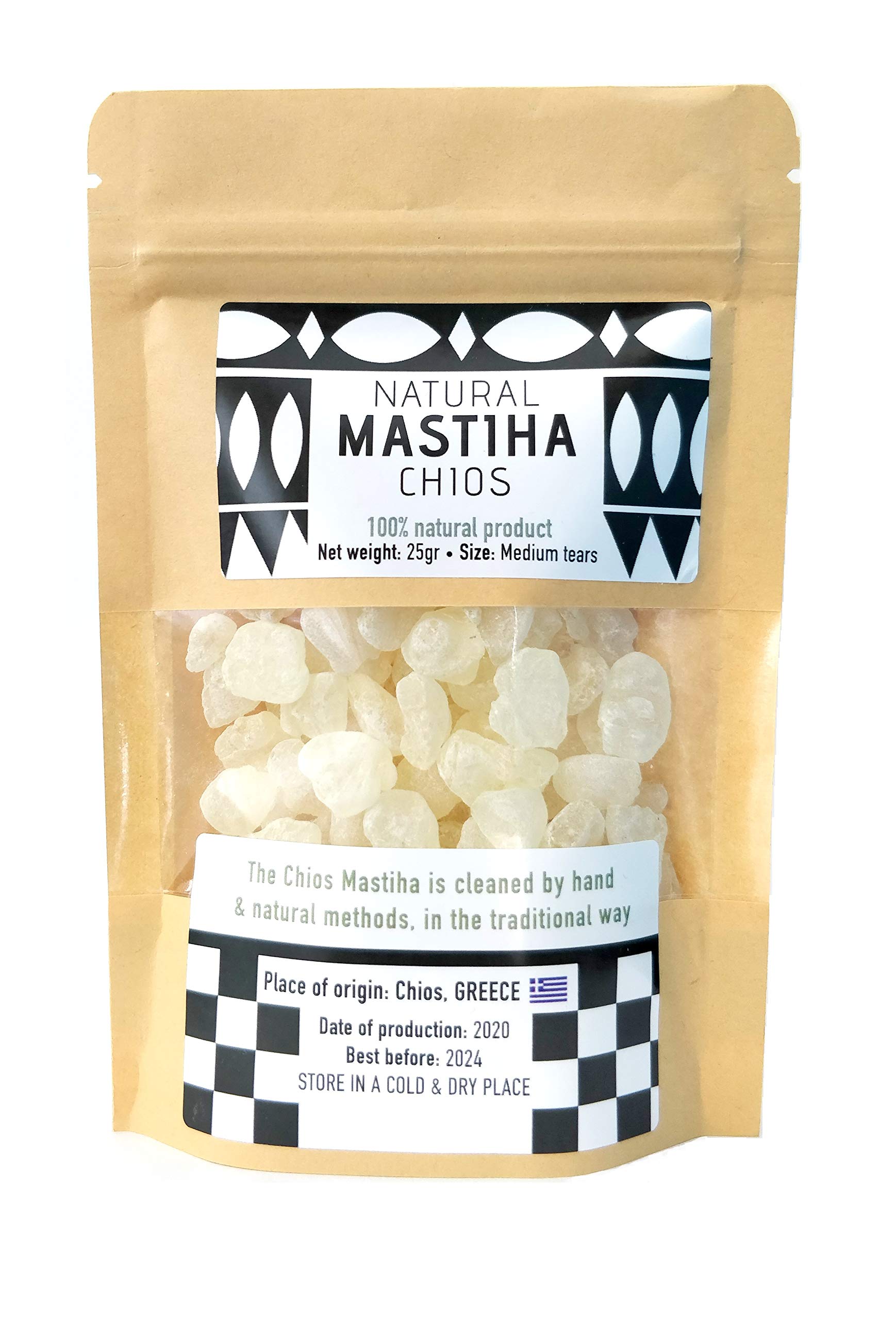 Chios Mastic front packaging showing 25g natural mastiha tears and origin