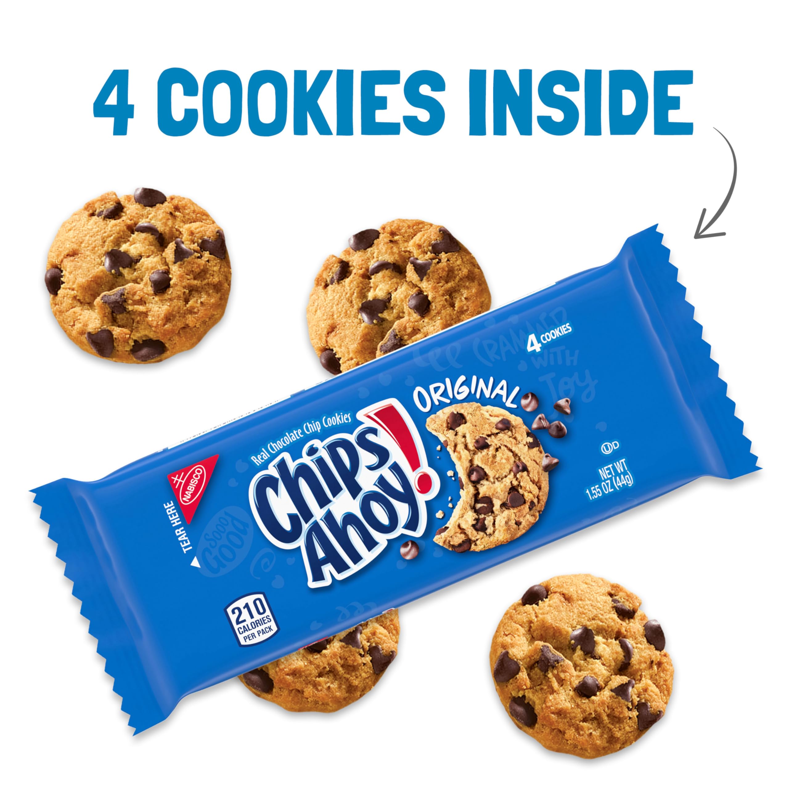 Chips Ahoy! four cookies laid out to show portion size and shareability benefit