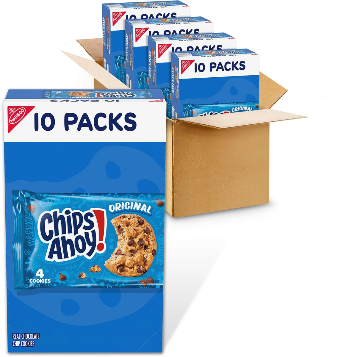 Chips Ahoy! front box packaging showing four boxes and branding benefit convenience