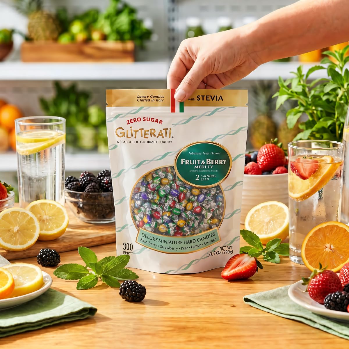 Chipurnoi GLITTERATI arranged by flavor showing five fruit varieties