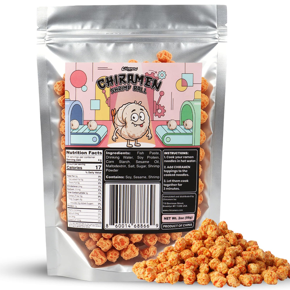 Chiramen front packaging shrimp balls showing product and convenience