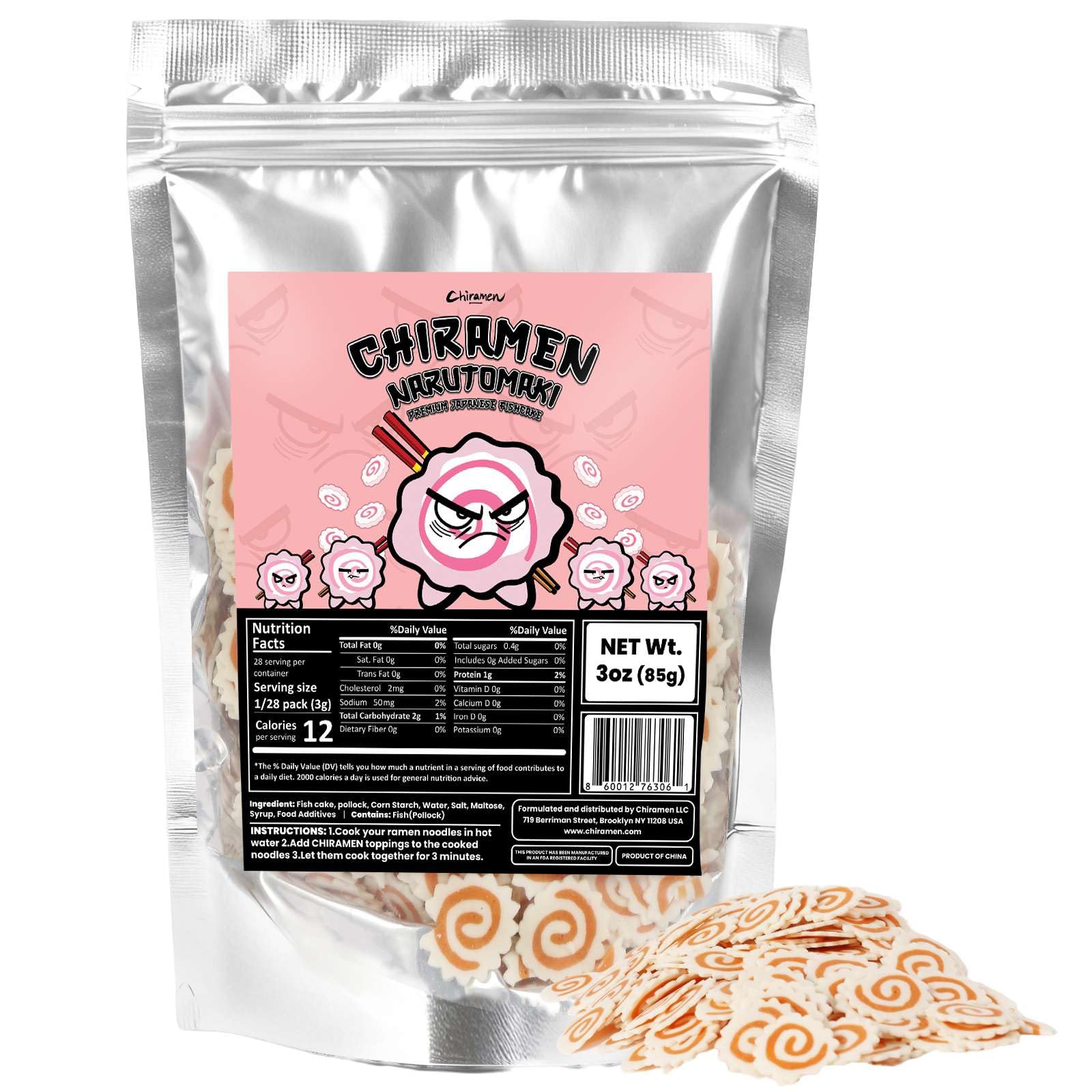 Chiramen front packaging showing instant fish cake topping and benefits
