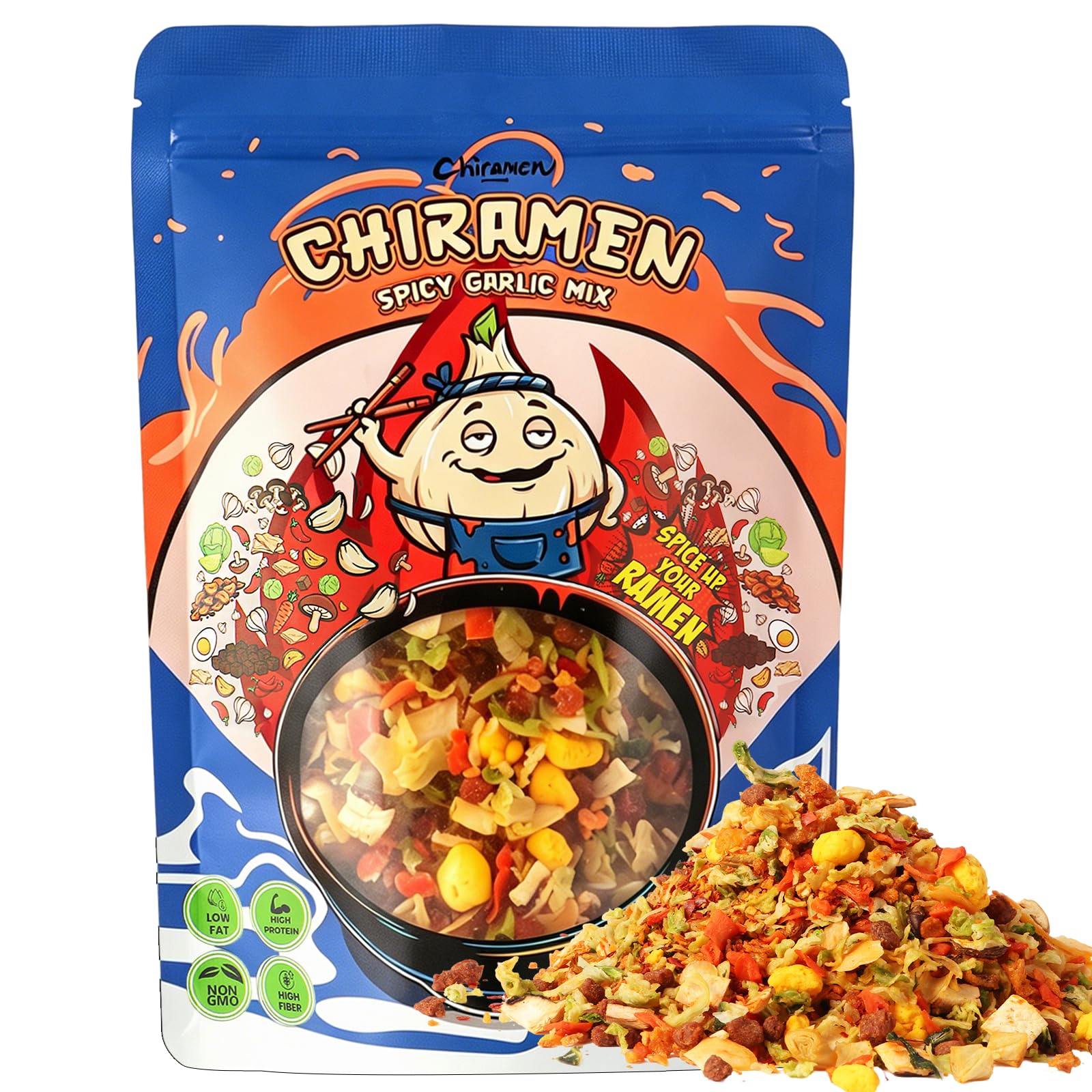 Chiramen front packaging showing product and serving count, convenient pouch benefit
