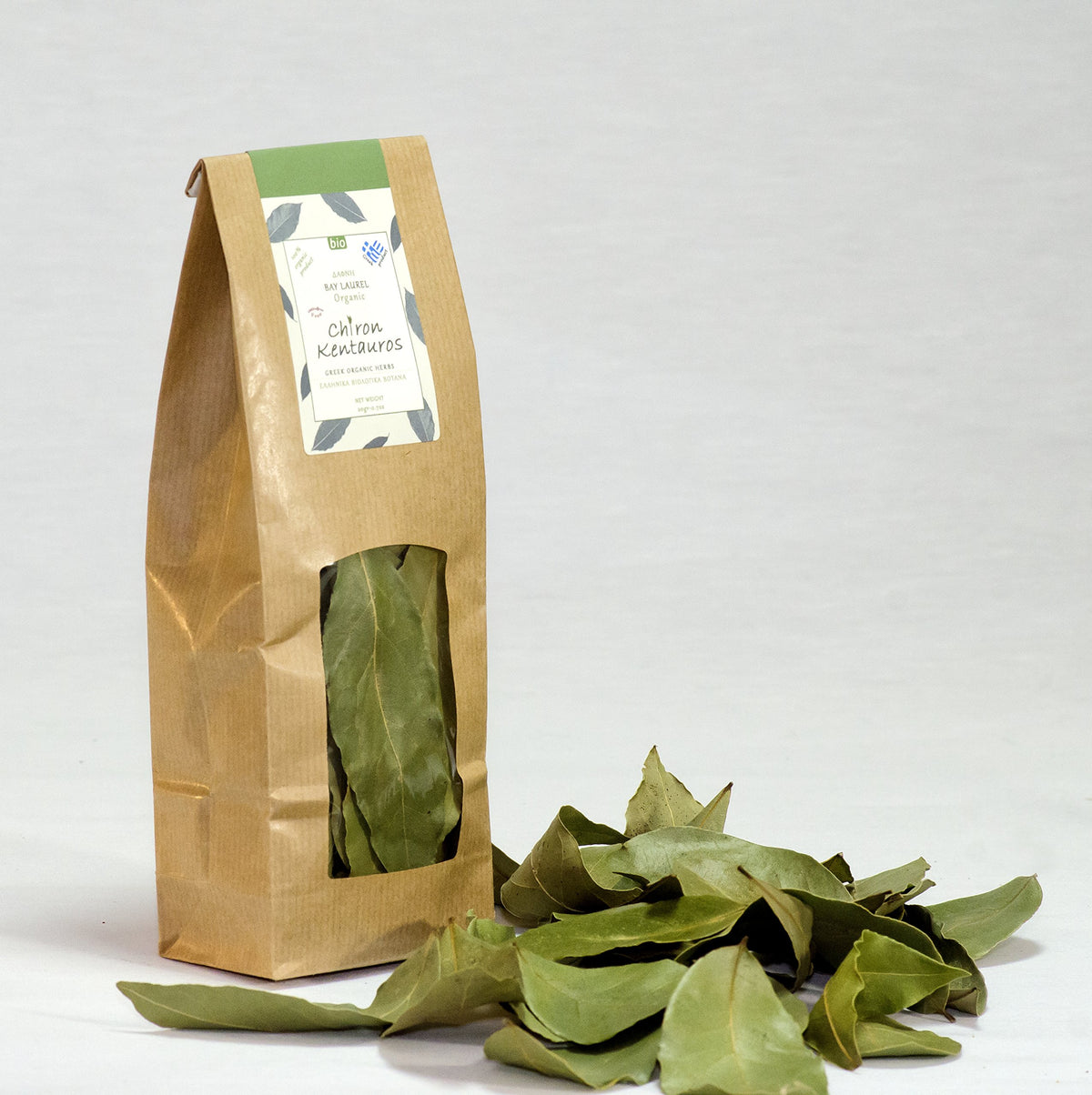Chiron Kentavros front packaging showing organic bay leaves and small 20 g size benefit