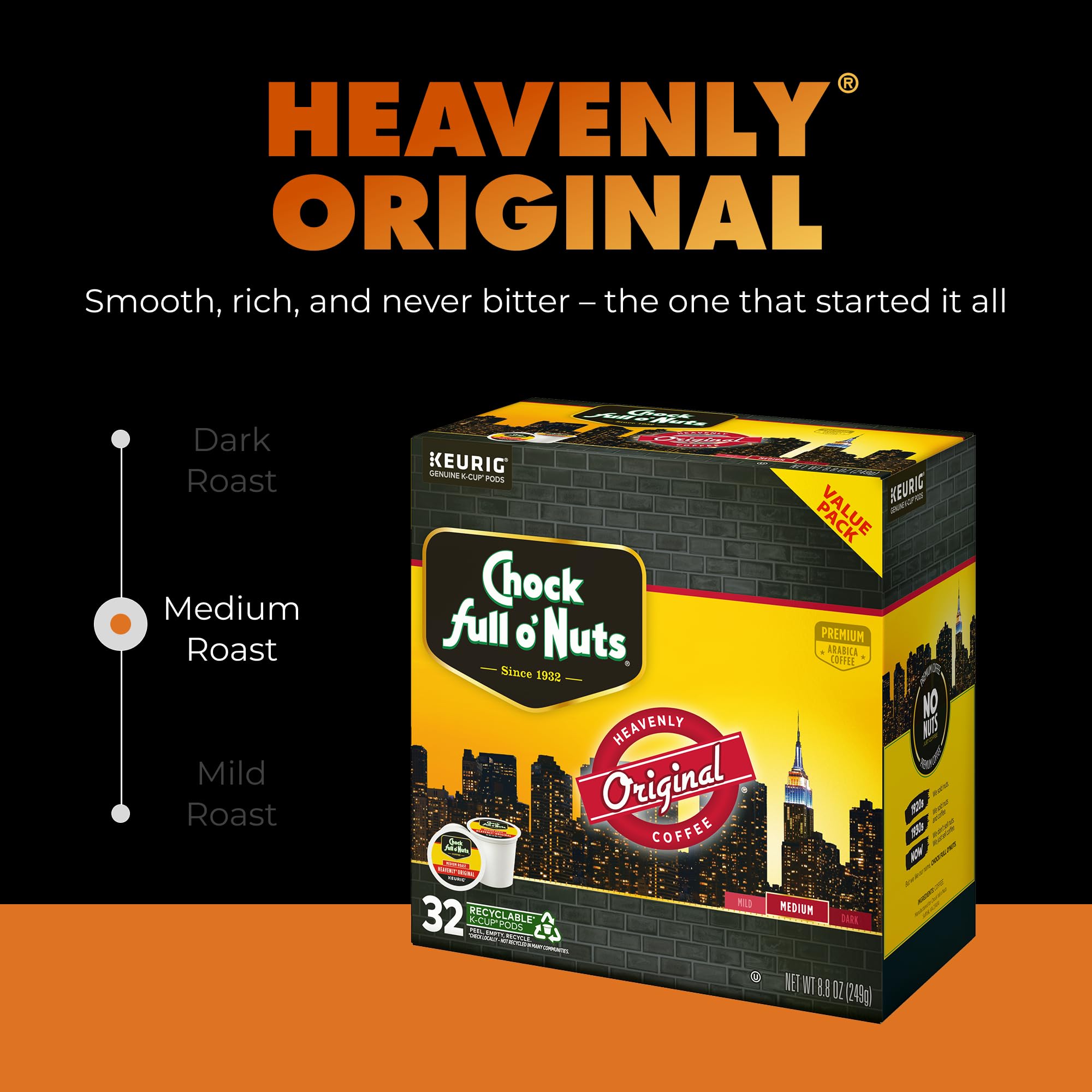 Chock Full o' Nuts pod brewing in Keurig machine producing fresh cup quickly for convenience