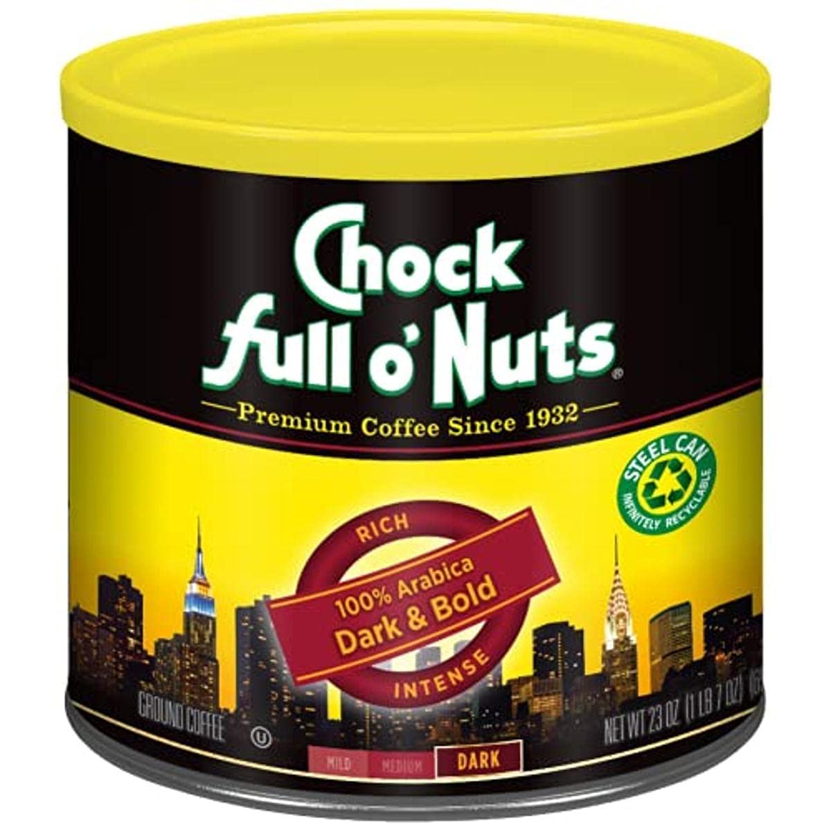 Chock Full o' Nuts front can showing branding and recyclable steel benefit