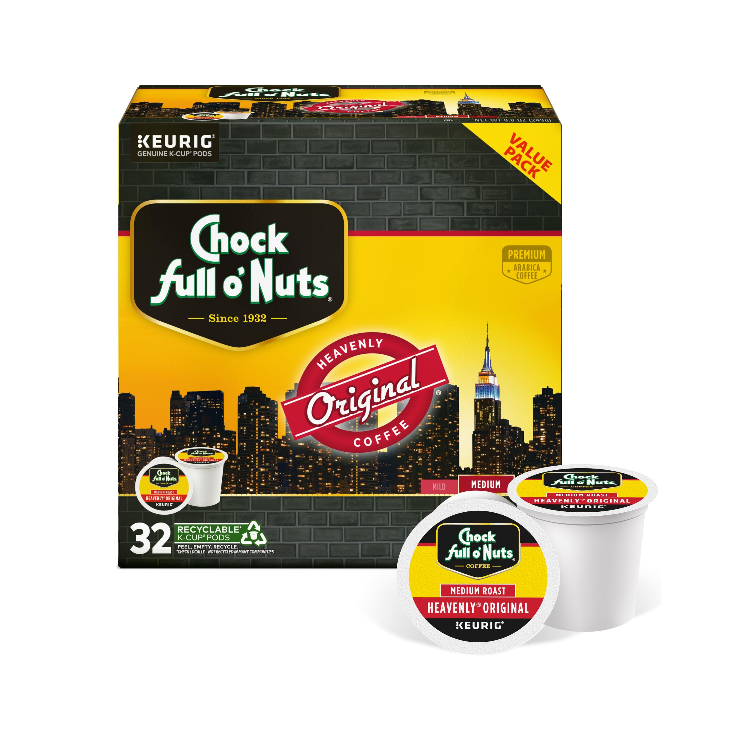 Chock Full o' Nuts front packaging showing 32-count box and brand clarity, easy storage benefit