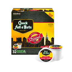 Chock Full o' Nuts front packaging showing 32-count box and brand clarity, easy storage benefit