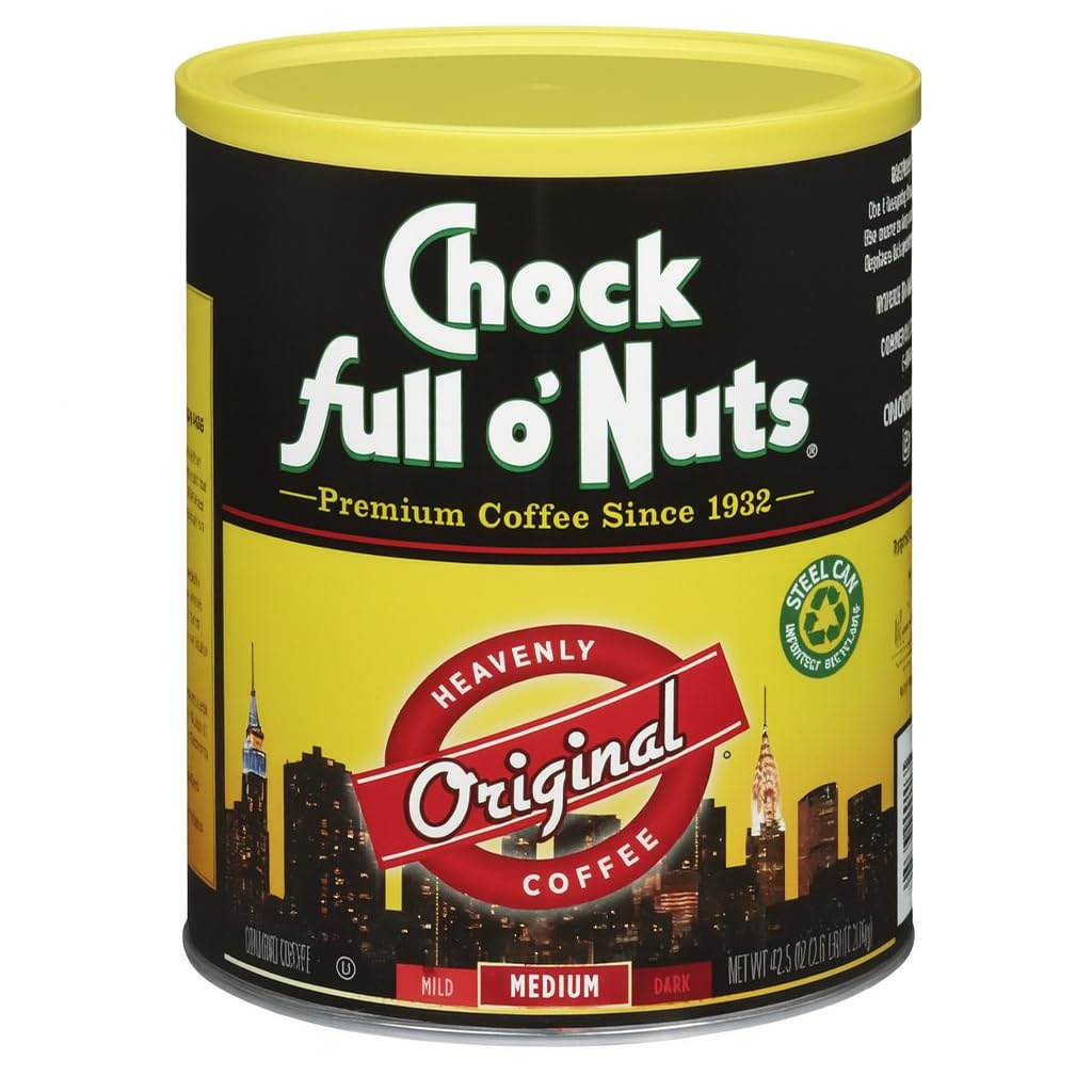 Chock Full o' Nuts front can view showing label and size, highlights freshness