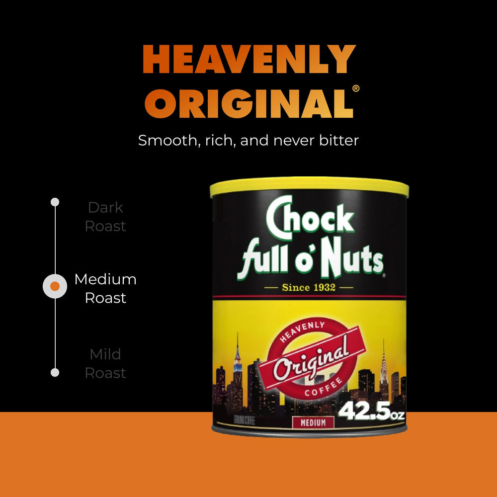 Chock Full o' Nuts can next to a measuring scoop for size comparison and portion guidance