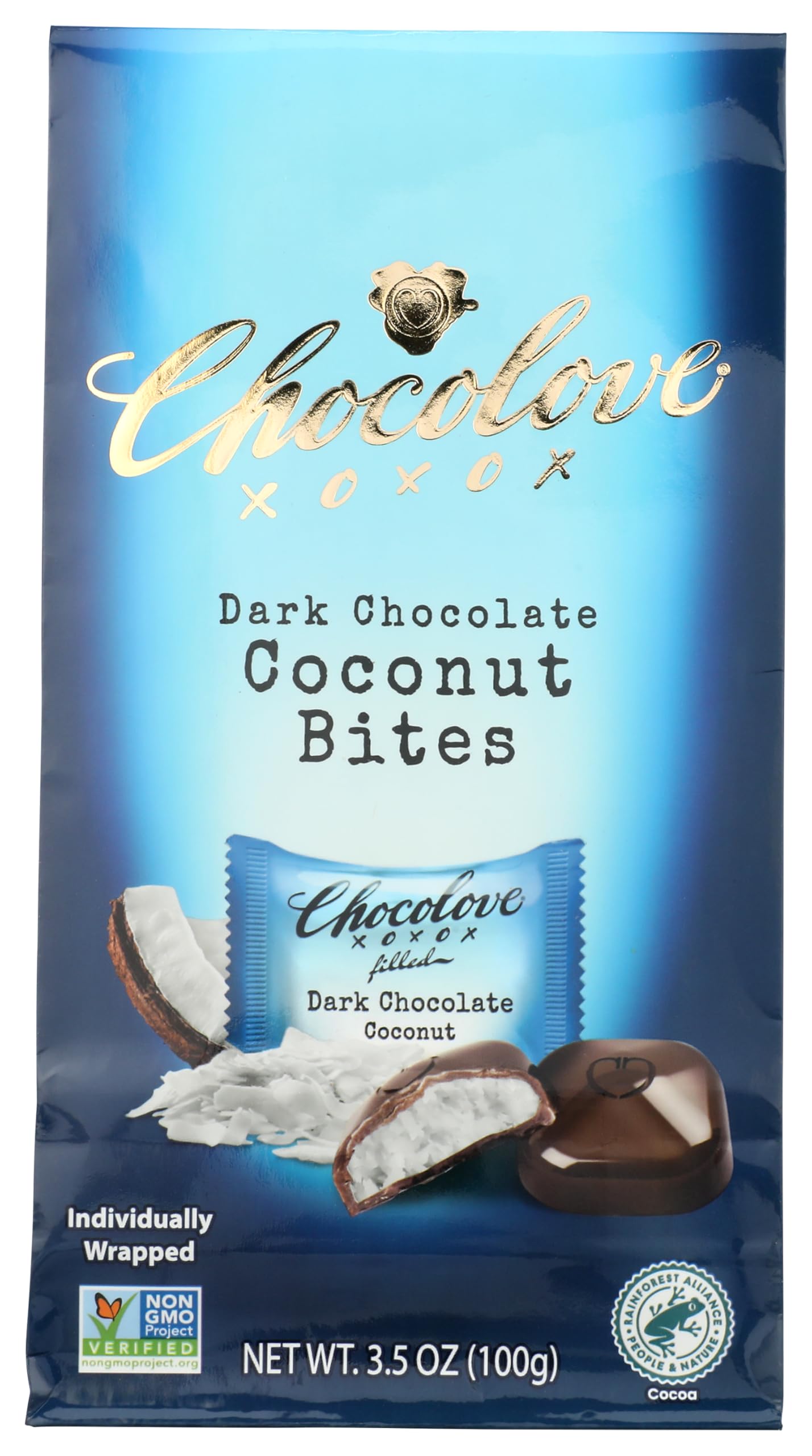 Chocolove pouch front view showing dark coconut bites, convenient on-the-go snack