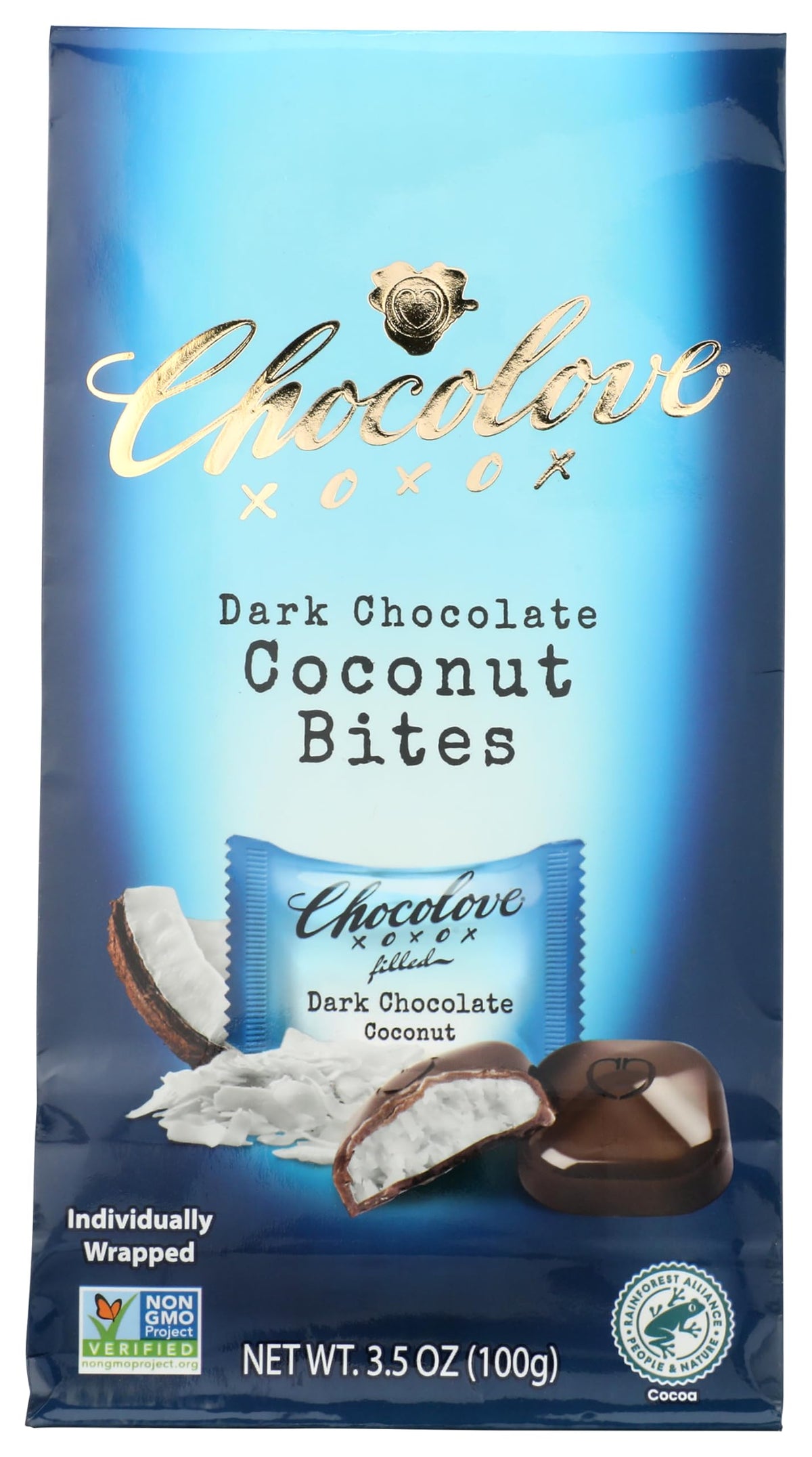 Chocolove pouch front view showing dark coconut bites, convenient on-the-go snack