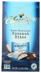 Chocolove pouch front view showing dark coconut bites, convenient on-the-go snack