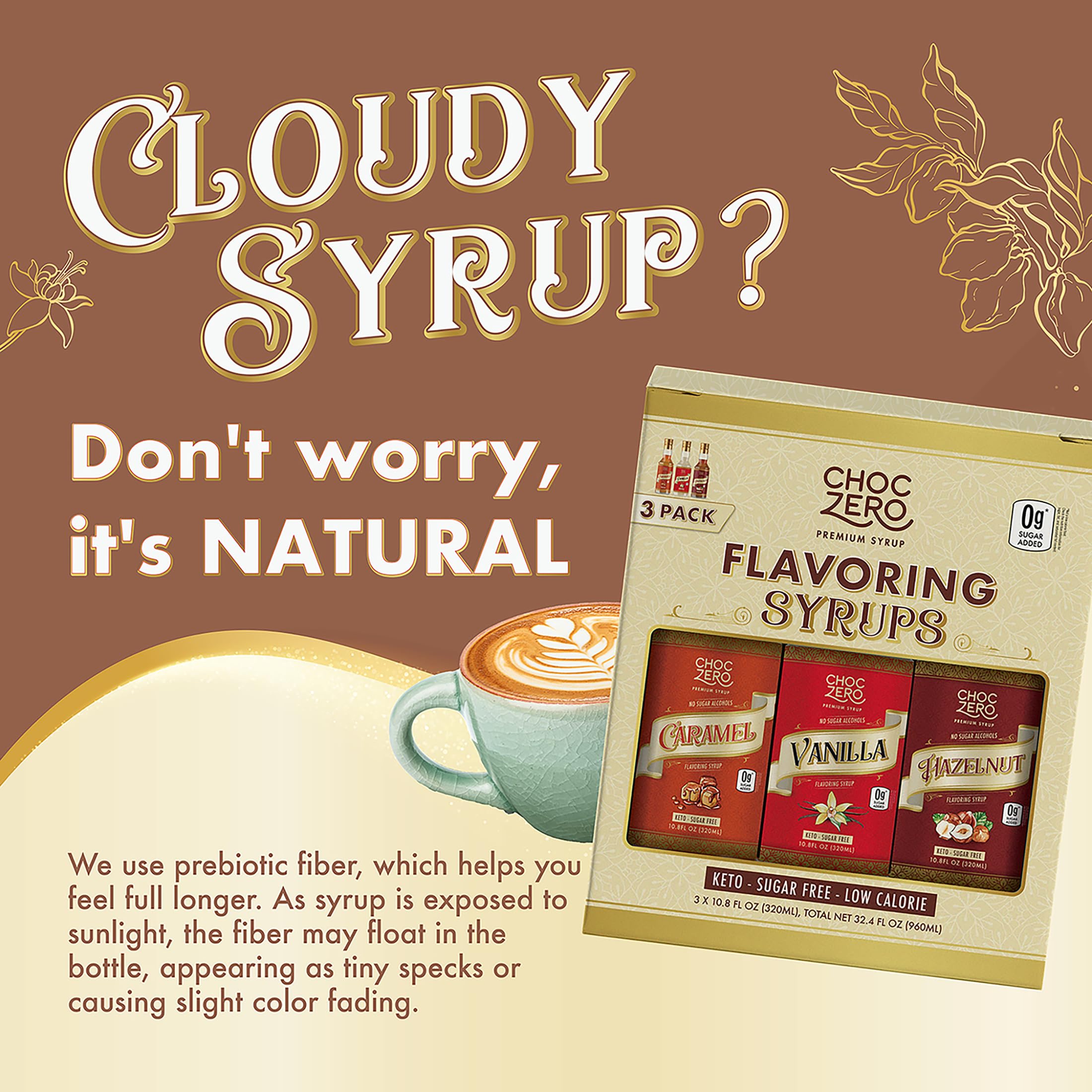 ChocZero caramel syrup pouring into cup, adds rich flavor without sugar