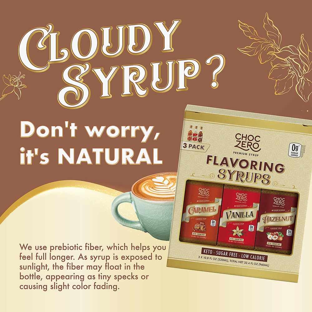 ChocZero caramel syrup pouring into cup, adds rich flavor without sugar